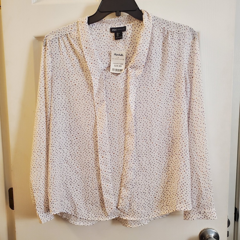 Jones New York sz L white dot print tie blouse lng slv career casual office work